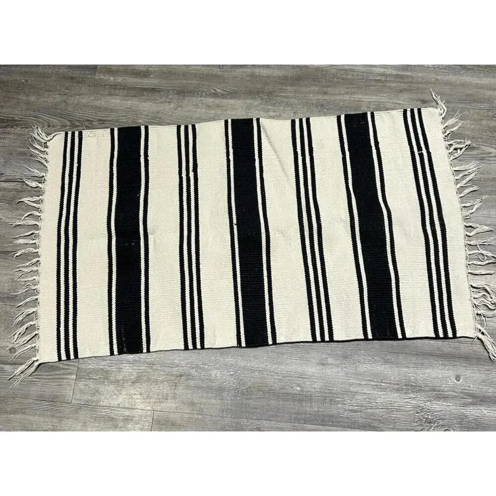 Hand Knotted Striped Cotton Fringe Area Rug Outdoor Throw Rug